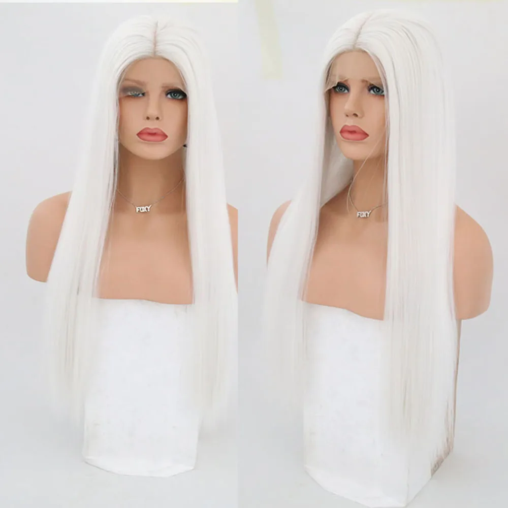 

Charisma White Synthetic Lace Front Wig Long Silky Straight With Middle Part Heat Resistant Fiber Wigs For Women
