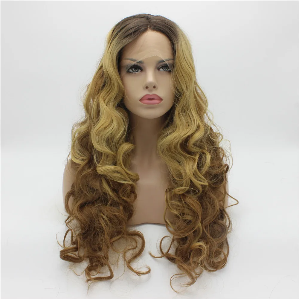 

K05 Cheap Lace Front  Brown Blonde Mix Color Wavy Synthetic Wig Stylish Heat Resistant Hair Kanekalon Women Wigs Free Shipping