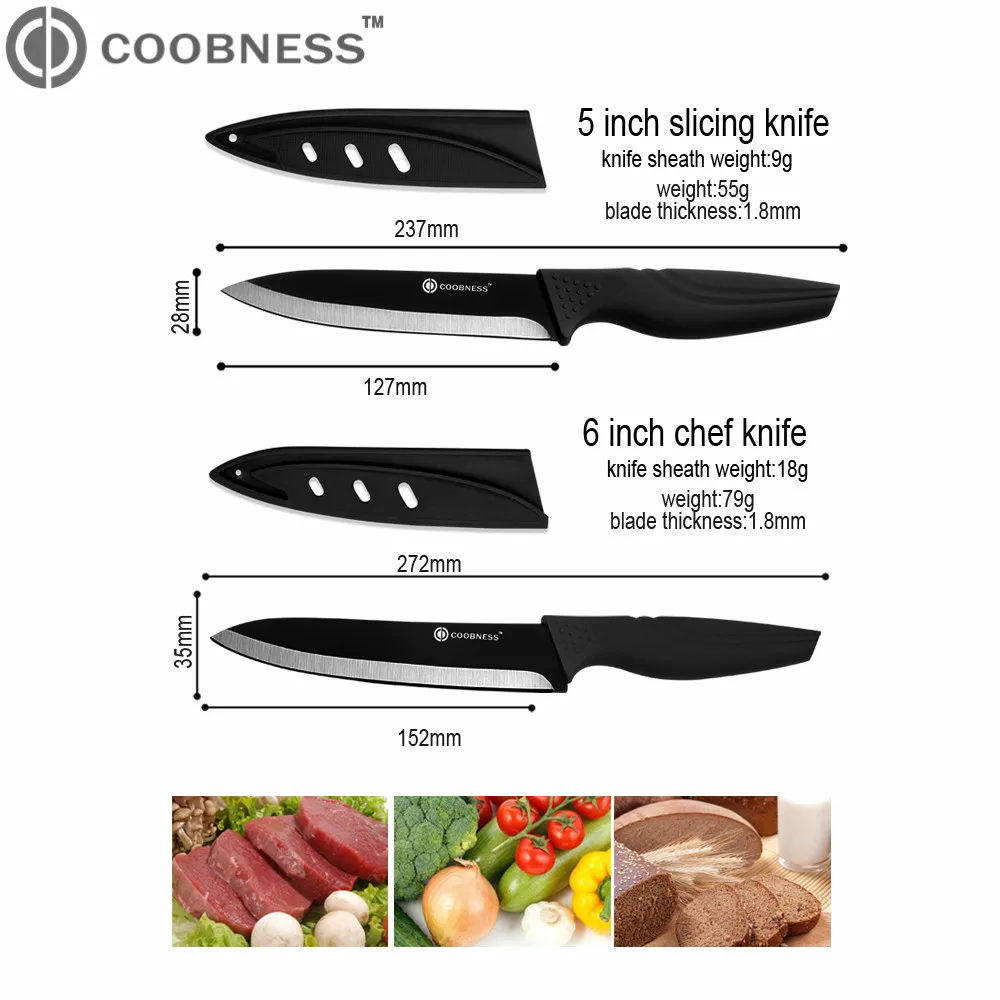 COOBNESS Керамический нож, комплект из 2 предметов, черное лезвие, черная ручка, кухонный нож, четыре стиля, нож для нарезки фруктов, нож для шеф-повара