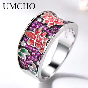 

UMCHO Silver Rings for Women 925 Sterling Silver White CZ Handmade Enamel Plant Flower Unique Ring Female Party Gift Jewelry
