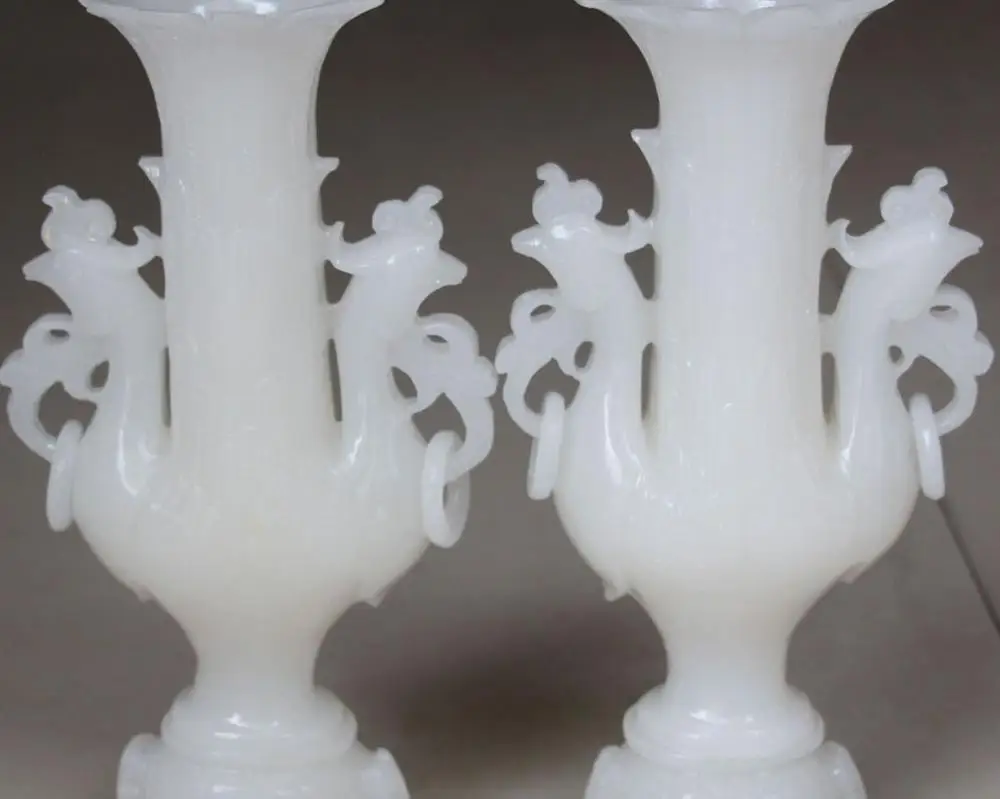 

Natural White Jade Pure Hand 100% REAL Feng Phonix Handle Vase Bottle Pot Pair