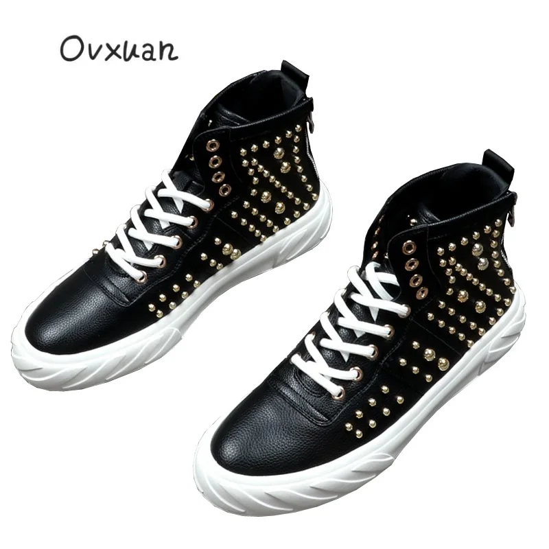 

Ovxuan High Top Ankle Shoes Lace Up Autumn Sport Boots Men Metal Bead Rivets Cyclone Bottom Design Fashion Party Men Flats Shoes