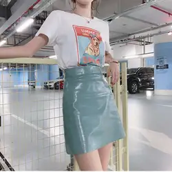 Новинка 2019 года повседневное модный принт свободная футболка Топ + PU лакированная кожа слово короткая юбка высокая поясная сумка половина