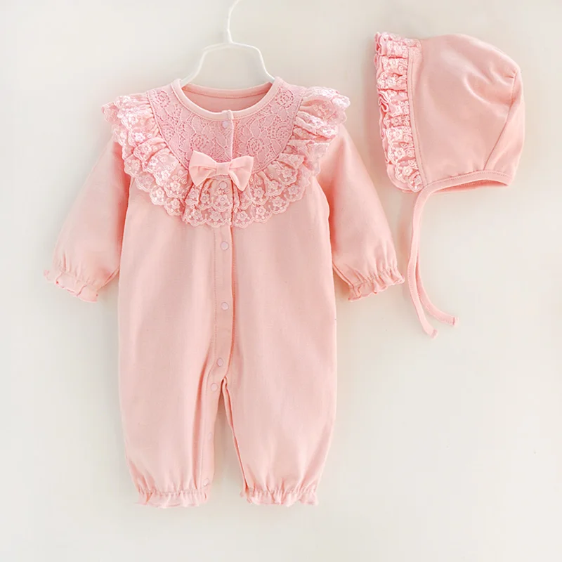 Newborn Baby Girl Clothes Sets Lace Bow Princess baby Jumpsuit+ Hats pink princess romper 0 3 6 months Sleeping Bag - Цвет: Pink romper