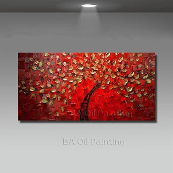 1 Panel lienzo arte pintado a mano rojo abstracto árbol dorado pintura al óleo Decorativos cuadros de pared para sala de estar sin marco HF0013