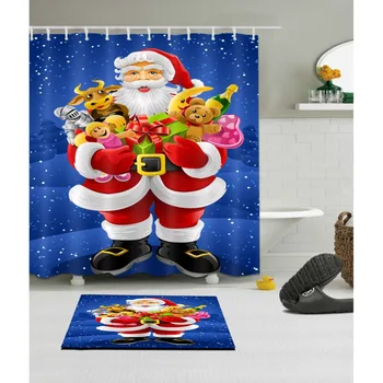 

LB Funny Santa Claus Blue Christmas Shower Curtains And Mat Set Washable Polyester Bathroom Curtain Fabric For Kid Bathtub Decor