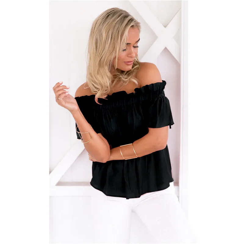 Off Shoulder Blouse Shirt Women Tops Ruffles Sexy Chiffon Blouse Elastic Collar Summer Top Chemise Femme Blusas15