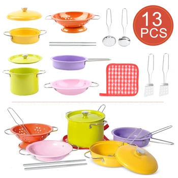 

13PCS Educational Colorful Pretend Play Kitchen Toy Stainless Steel Kitchenware Pot, Chopsticks,Dish Set For Kid