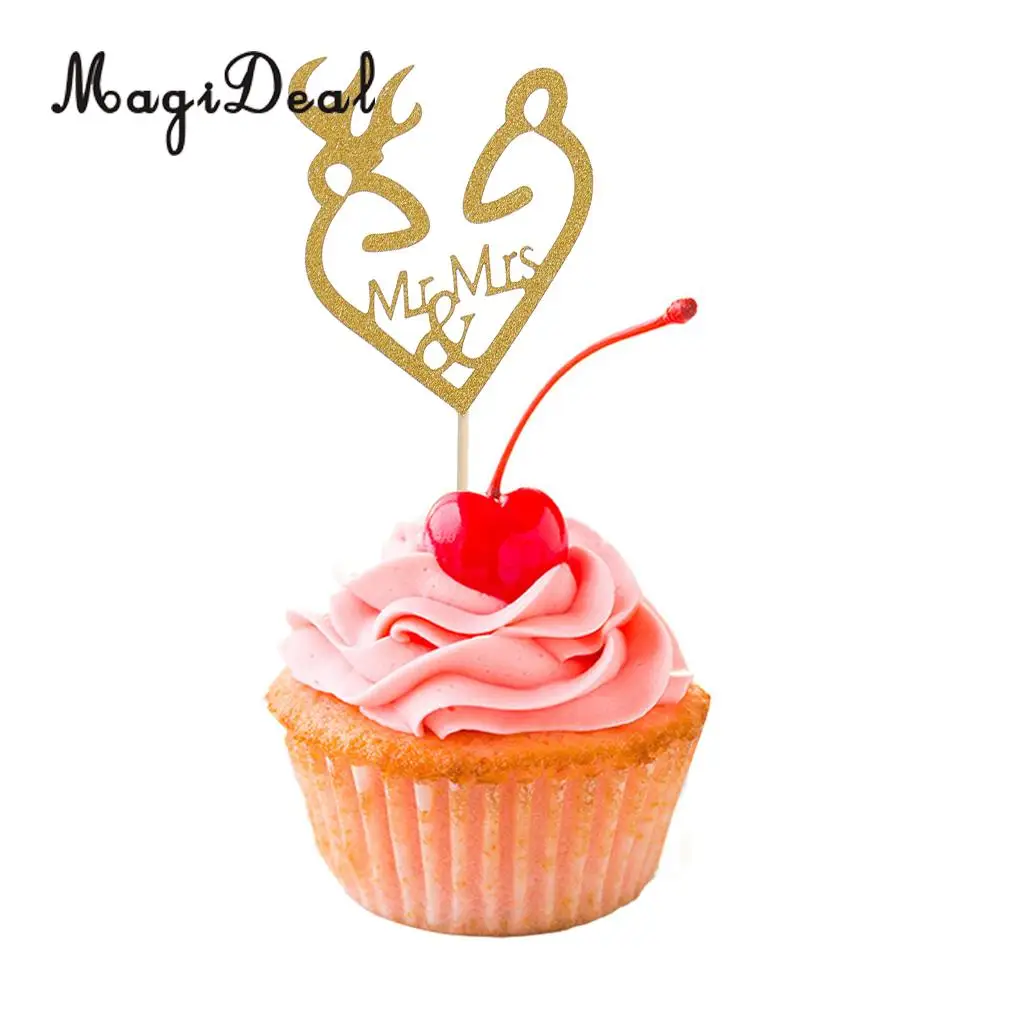 MagiDeal 4Pcs Glitter Antler Style Mr & Mrs Cake Topper Wedding Party Food Picks for Gender Reveal Party Baby Shower Gold/Silver