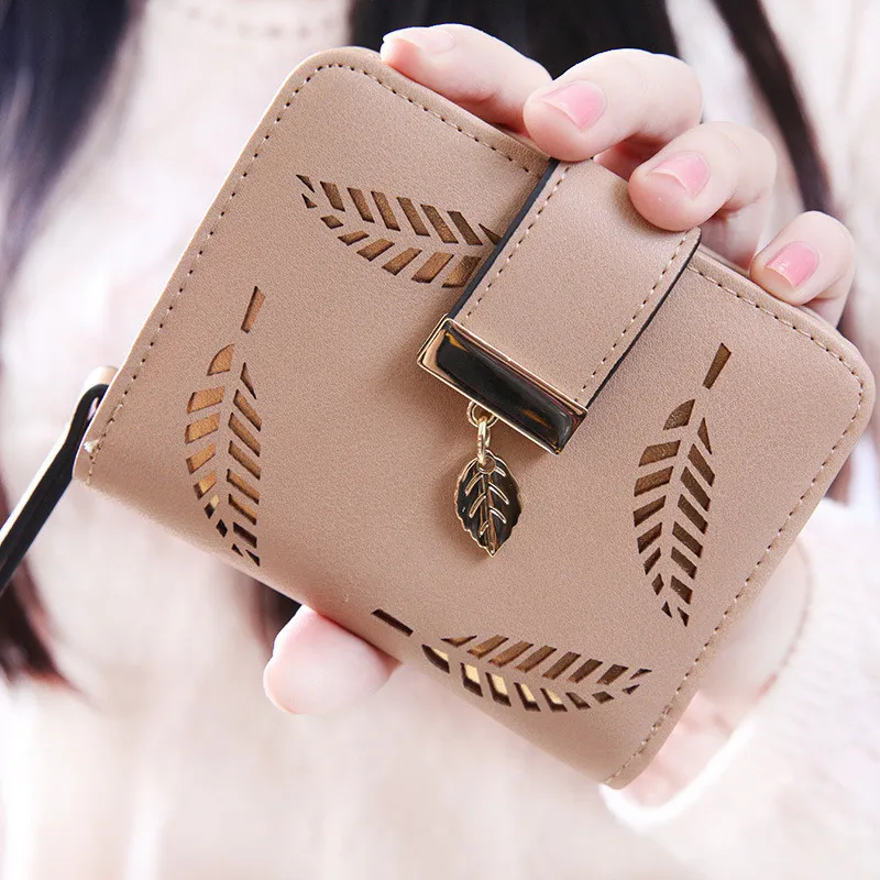 

Hot Sale Fashion Women PU leather Leaf Bifold Wallet Leather Clutch Card Holder Purse Handbag Khaki
