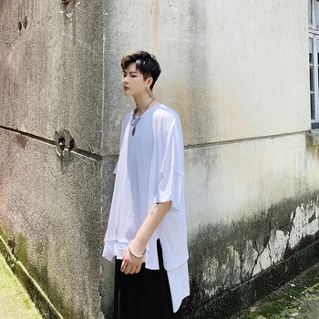 

Summer New T Shirt Men Fashion Solid Color Irregular Drawstring Casual Tshirt Streetwear Loose Hip Hop Short-sleeved T-shirt