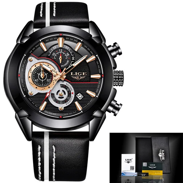 LIGE часы для мужчин бизнес водонепроницаемый Дата аналоговые кварцевые мужские s часы хронограф кожа спортивные часы для мужчин Relogio Masculino - Цвет: black gold
