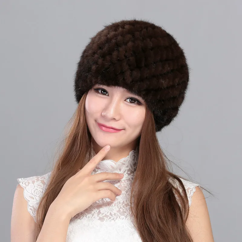 

Fur Hat 100% Natural Genuine mink Fur Cap Knitted Hats with lining For Winter Women Beanies bone Warm Pineapple Cap