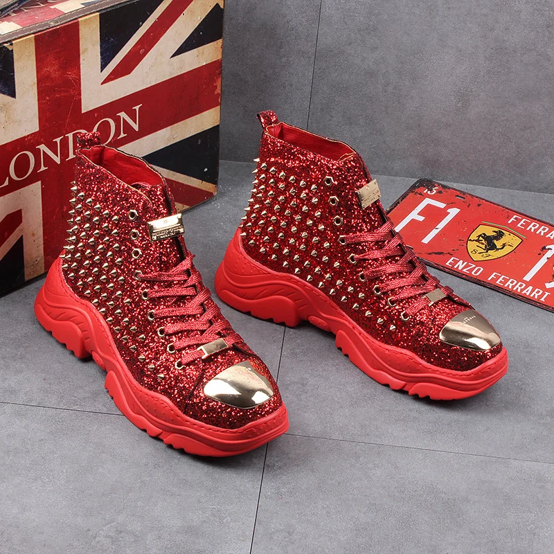 Spring 2019 Casual Male Shoes Fashion Men Riveted Boots Black Red Ankle Mens Motorcycle Boots Punk Boots 4#15/15D50