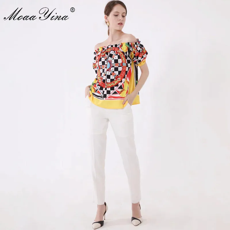 

MoaaYina Fashion Designer Runway Plus size Shirt Summer Women Slash neck Vintage Printing Blouse
