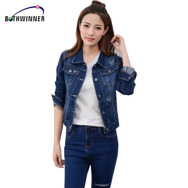 Bothwinner Fashion Jeans Jacket Women 2018 2XL Spring Hand Brush Long Sleeve Stretch Short Denim Jacket Coat White Black