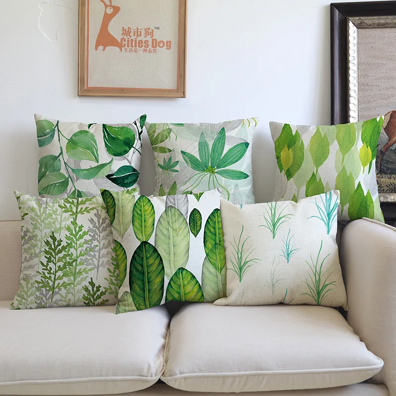 New fresh green leaves linen pillow home decorate bedside sofa cushion