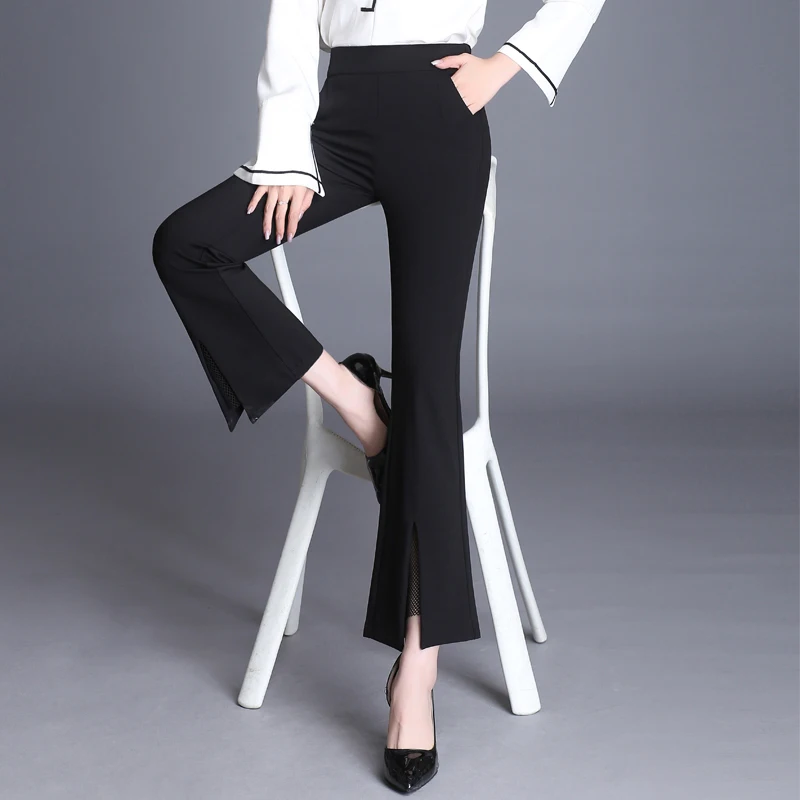 2019 весна женские высокие широкие брюки с эластичной талией официальные карманы брюки модные черные офисные женские брюки