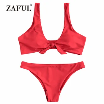 

ZAFUL Bikini Swimwear Women Knotted Swimsuit Sexy Padded Vest Knotted Thong Biquni Scoop Neck Low Wait Bathing & Swiming Suit