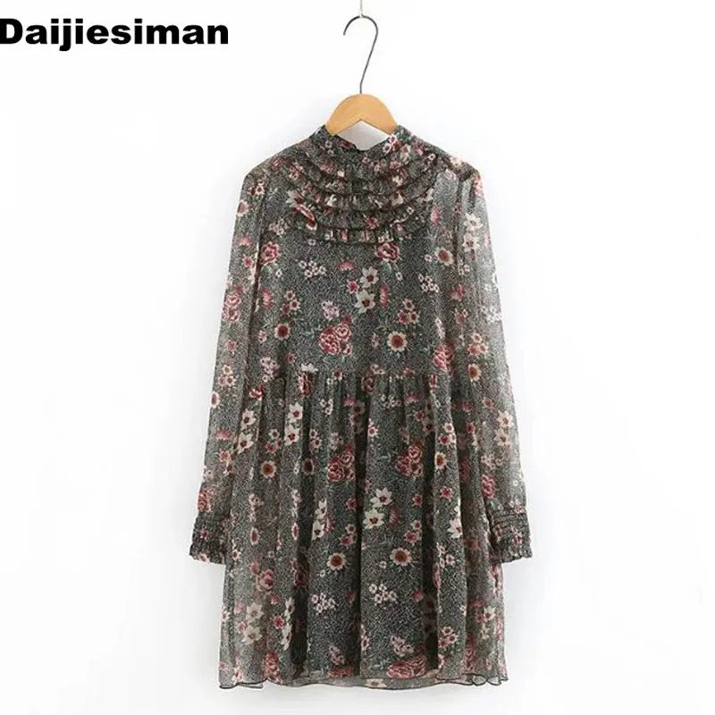

Vintage Colorful Flower Floral Print Chest Cascading Ruffle Long Sleeve Stand Collar Pleated Mini Dress Vestidos Brand Women