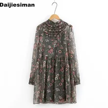 Vintage flor colorida estampado Floral pecho Cascading Ruffle manga larga Stand Collar plisado Mini vestido marca mujeres