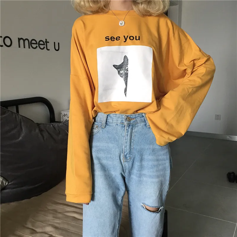 Autumn O-Neck kawaii cartoon Printed Loose Harajuku T shirt women oversized T-shirts Korean Style Hip Hop Students Tees Chic top