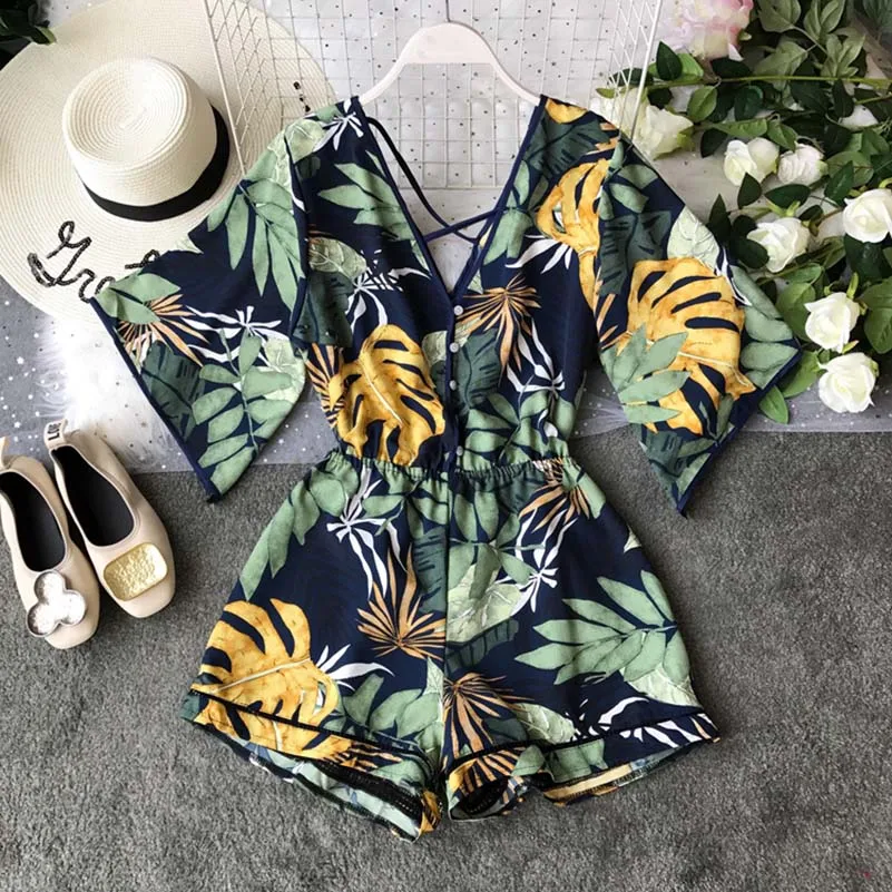 Boho Short Women Jumpsuit Beach V Neck Backless Korean Sexy Chiffon Tunic Floral Print Plus Size Summer Women Overalls Rompers Boho Short Women Jumpsuit Beach V Neck Backless Korean Sexy Chiffon Tunic Floral Print Plus Size Summer Women Overalls Rompers