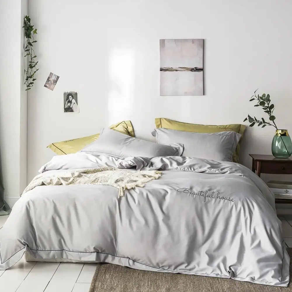 

2019 Simple Grey Silver Nordic Embroidery Bedlinens Artificial Silk Satin Duvet Cover Set Queen King Bedsheet Bedding Set
