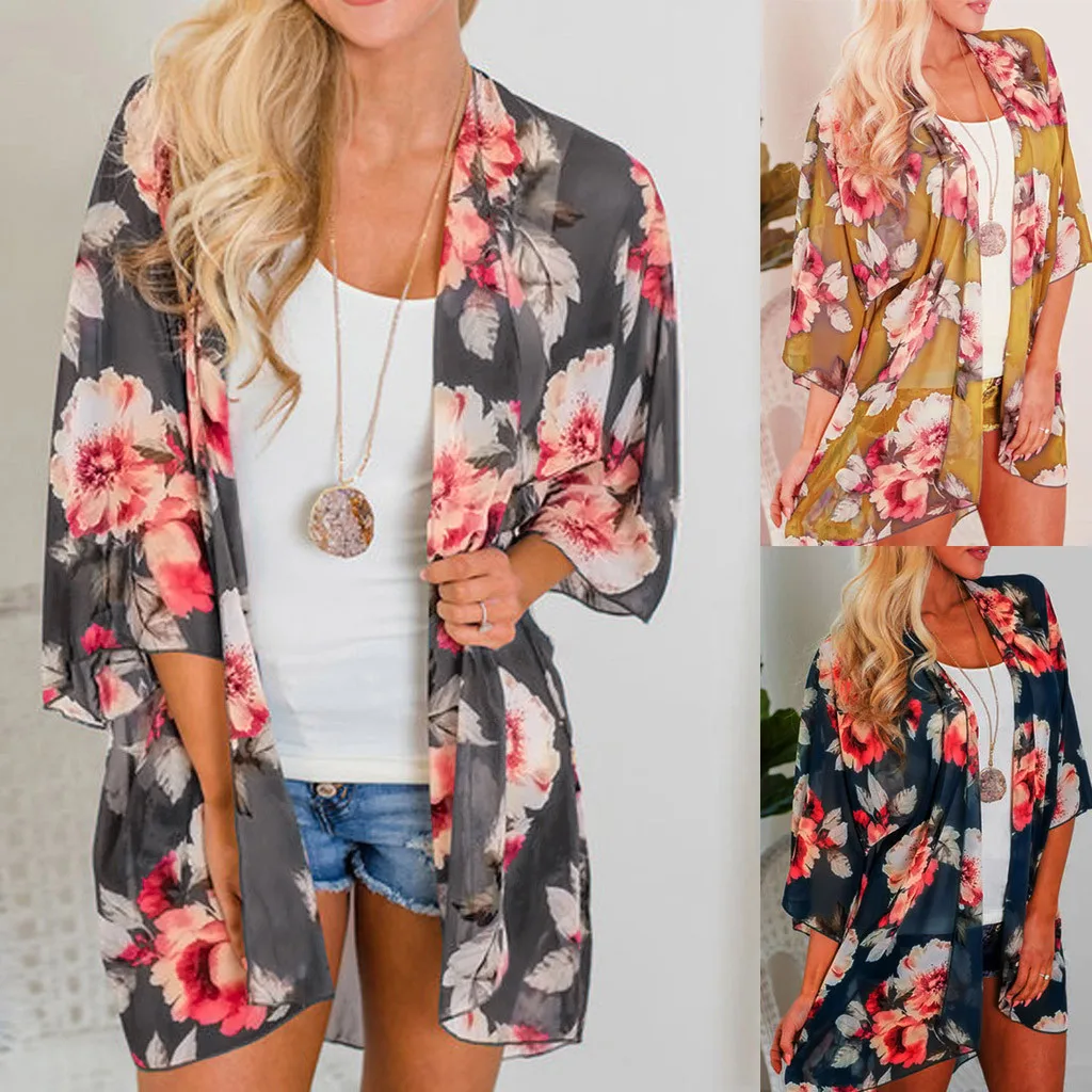 

Kimono Large Size Tunic Shirt Women Summer Beach Floral Blouse Chiffon Sun Protection Cover Ups Blouse camisa feminina