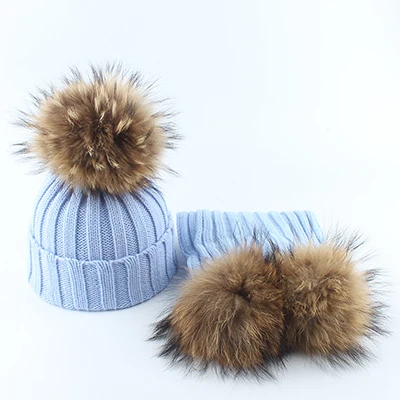 light blue set Детский реальный меховой помпон Вязание шапочки шапки шарфы комплект костюм мальчики мальчики шапки шарф зима теплая - Цвет: light blue set
