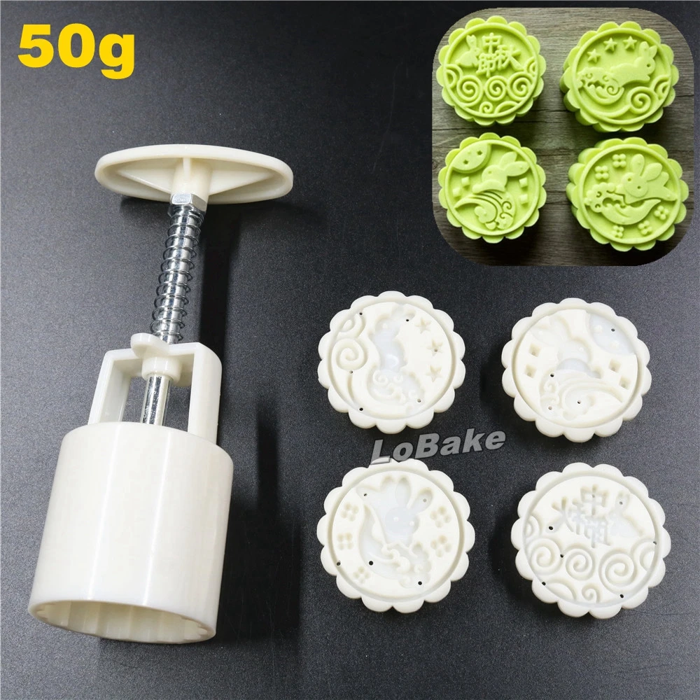 50g 4 1 Round Chinese Word Zhong Qiu Jie And Bunny Moon Rabbit Shape Mooncake Mold Fondant Mould Roll Rice Molds Baking Tools Mooncake Mold Baking Tools Mouldrolls Baking Aliexpress