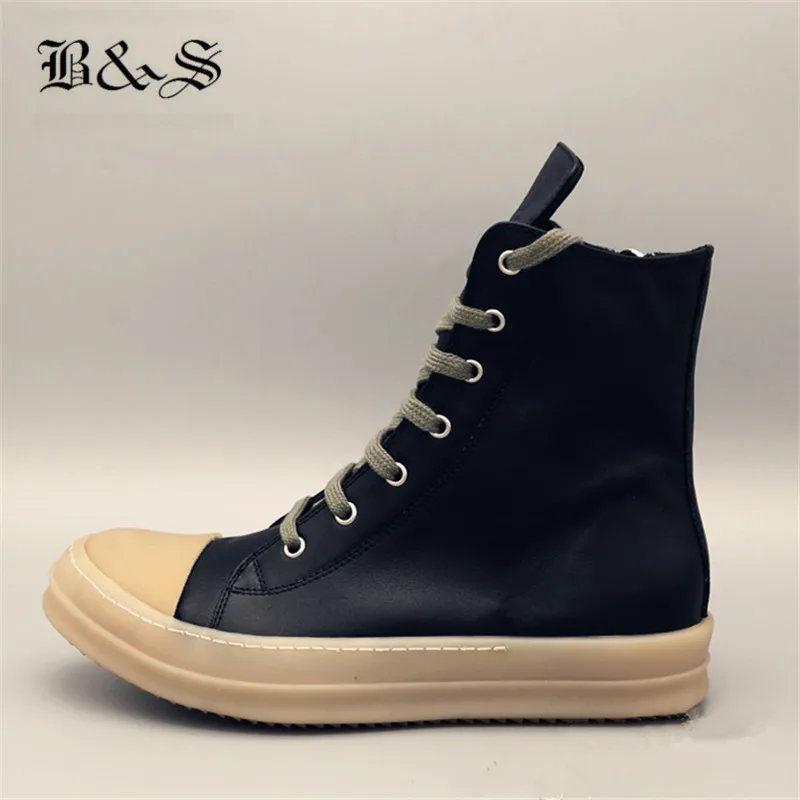 Black& Street 2018  Cow Muscle Gum Outsole Unisex Luxury Genuine Leather Flat Boots Lace Up Rock Street Hip Hop Comfortabl Shoes