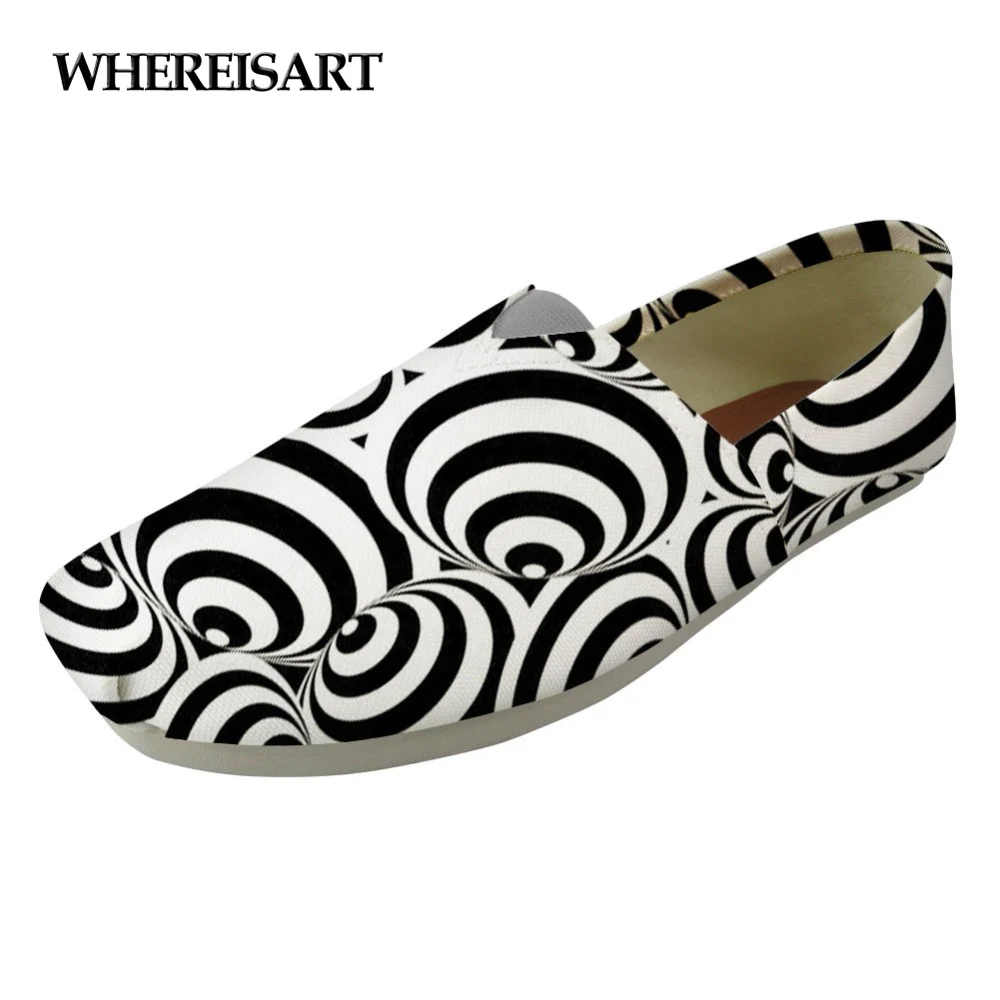 

WHEREISART Black and White Casual Women Flats Shoes Fashion Canvas 3D Printed Summer Ladies Loafers Shoes Breathable Lazy Shoes