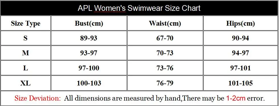 APL Size Chart for long sleeve swimsuit