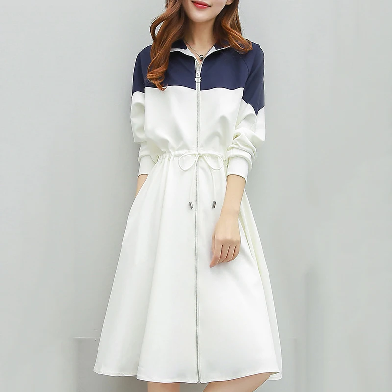 

2019 Autumn Big Size Dress With Zipper Long Sleeve Patchwork A-line Casual