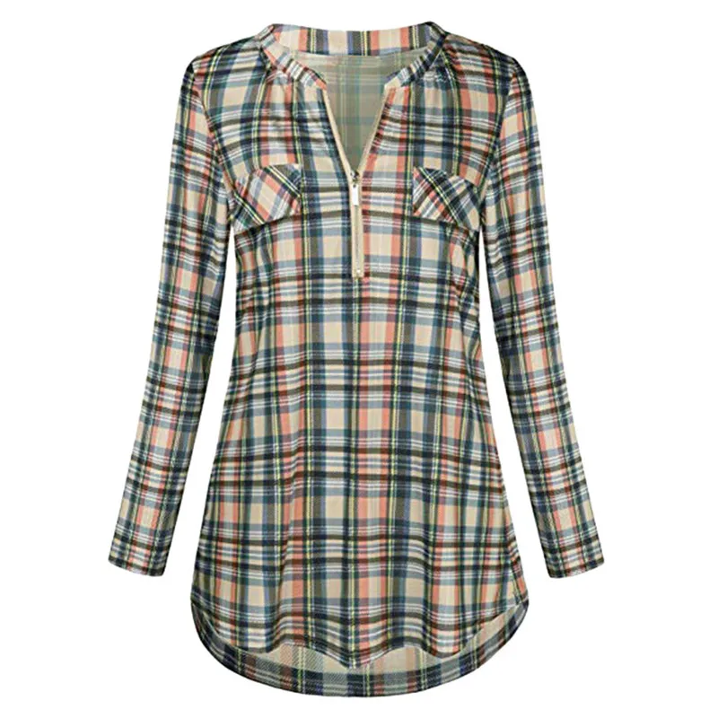 Женская Повседневная клетчатая рубашка с v-образным вырезом и свернутыми рукавами, туника, топы, блуза Harajuku, клетчатые рубашки на пуговицах с принтом Feminina