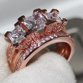 

Victoria Brand New Handmade Fashion Jewelry 925 Sterling Silver&Rose Gold Filled Three Stone White 5A Zirconia CZ Women Ring Set
