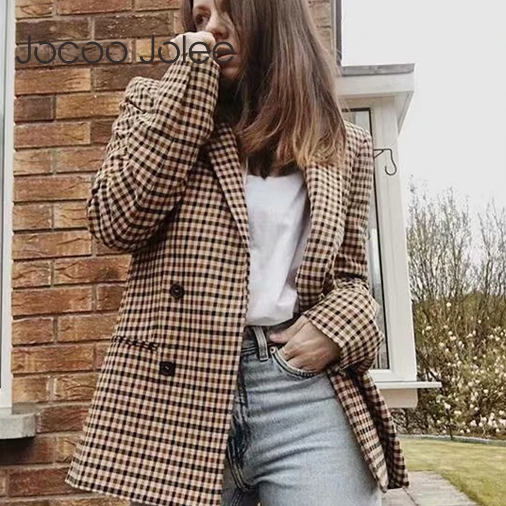 

Jocoo Jolee Fashion Double Breasted Plaid Blazer Women Long Sleeve Slim OL Blazer 2019 Casual Autumn Jacket Blazer Female
