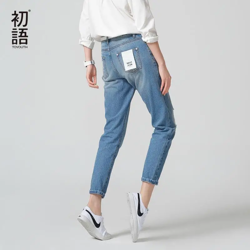 Toyouth New Arrival Cotton Jeans Women AnkleLength Bleached Casual