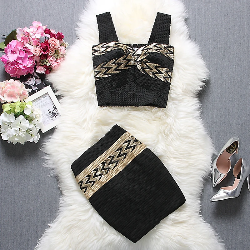 

Alpha customization Bandage Skirts and Tank Tops 2pcs Sets Geometric Printed Pattern Bodycon Back Zipper Jacket + Pencil Skirt