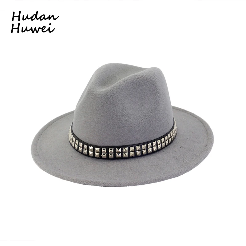 Women Men Wool Felt Fedoras Hat with Rivets Belt Lady Flat Brim Jazz Hat Formal Party