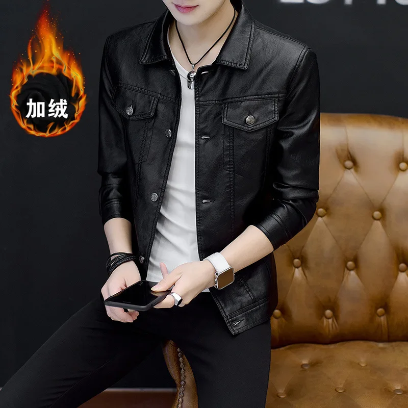 

The new man in winter 2019 motorcycle leather jackets and fleece thickening fashion leisure double breast pocket