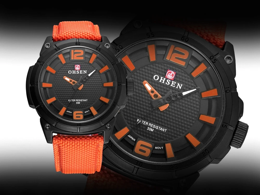 OHSEN модные повседневные Брендовые мужские Оранжевые кварцевые часы мужские деловые наручные часы 30 м водонепроницаемые часы Hombre аналоговые часы Relogio