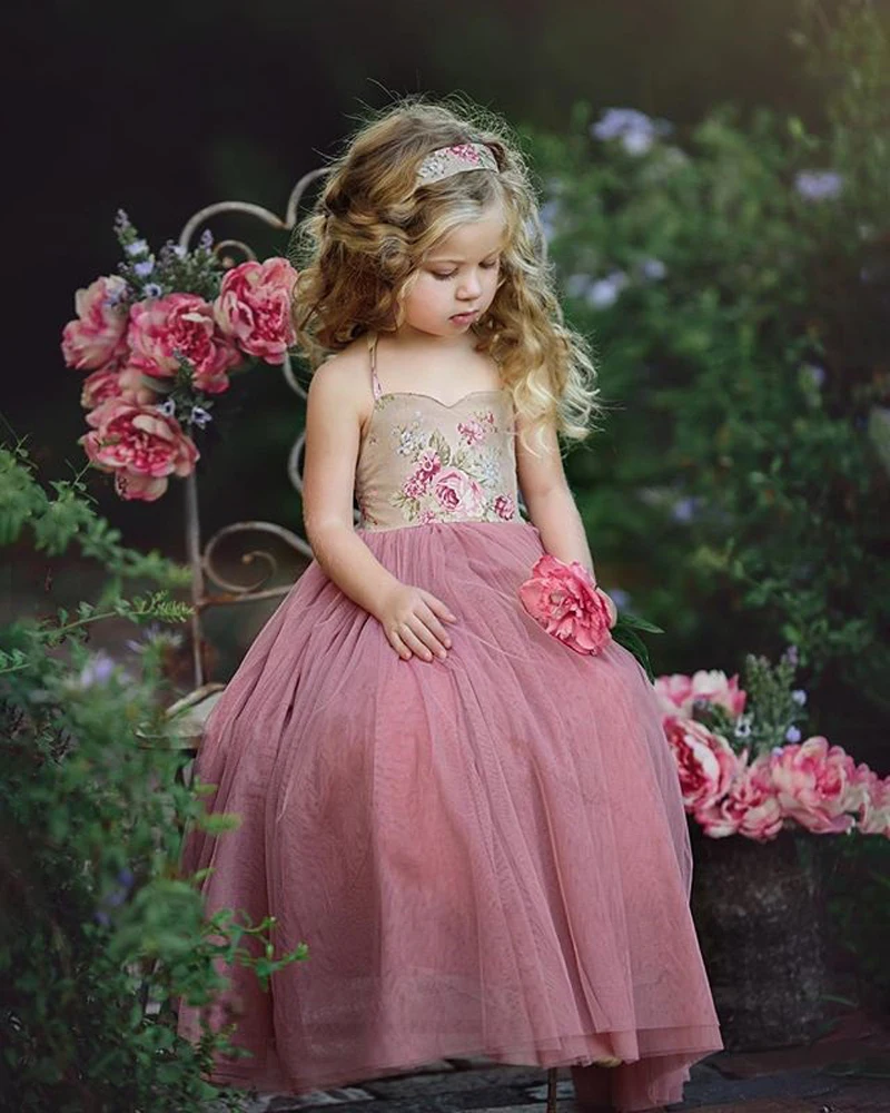 Стиль принцессы для девочек розовое кружевное платье с цветочным рисунком платье на бретелях Макси принцессы вечерние детское Летнее нарядное бальное платье