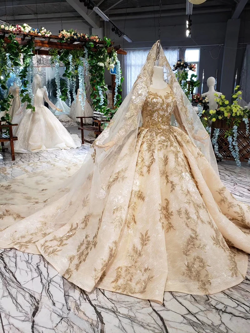 HTL393 роскошное Золотое кружевное свадебное платье с вуалью для свадьбы, круглый вырез, длинный рукав, v-образный вырез, свадебные платья принцессы, золотые бусы, для свадьбы