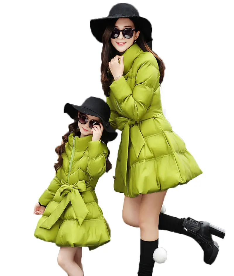 

Mother And Daughter Winter Coat Warm Down Jackets Long Thick Clothes For Girls Bows Princess Style