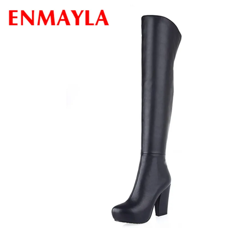 ENMAYLA/женские ботфорты на платформе зимние пикантные высокие сапоги с круглым носком на высоком каблуке Женская обувь с высоким голенищем черного и красного цвета