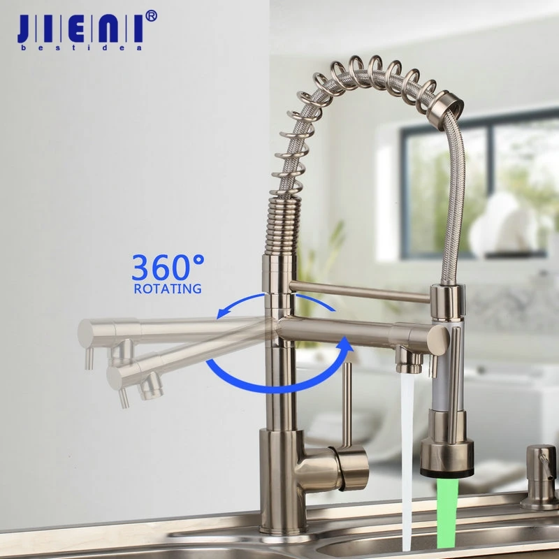 

Nickel Brush LED Spring Dual Spout Swivel Pull Down Rotated Spray Mixer Two Function Kitchen Vessle Sink Basin Mixer Faucet Tap