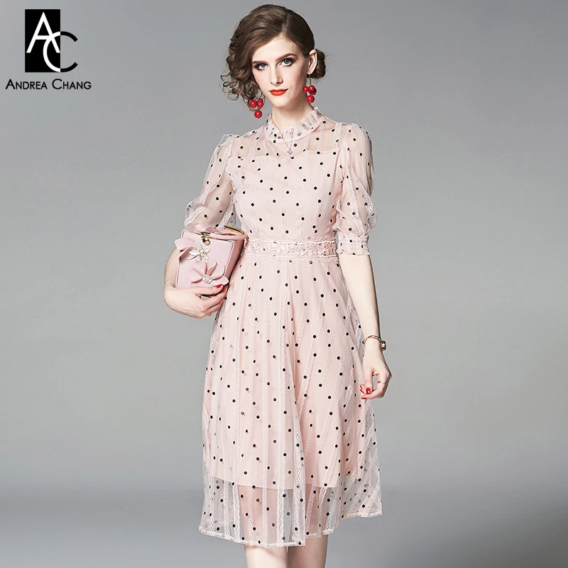 

S-XXL spring summer woman dress black dot pattern pink lace dress half puff sleeve calf length sweet cute princess style dress