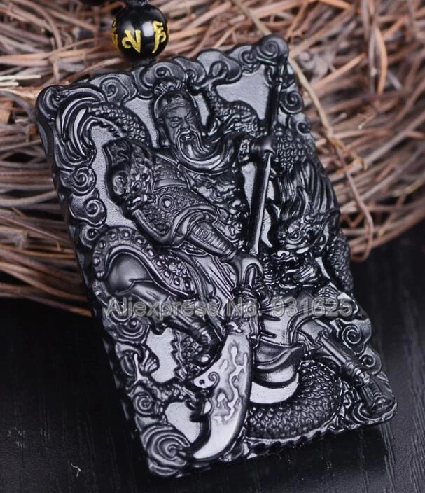 

Beautiful Handwork Natural Black Obsidian Carved Chinese GuanGong Lucky Amulet Pendant + Beads Necklace Fashion Jewelry